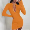 Lässige Kleider Damen Kleid Frauen Reißverschluss gestrickt Rollkragen Skinny Club Langarm Rippe Mini Herbst Sexy