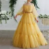 Jasna żółta sukienka wieczorowa warstwowa spódnica koralik talii dziewczyna bal suknia tulle długie rękawy Off Shouler formalny impreza sukienka linia