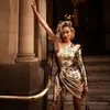 Altın Abiye Glitter Pullarda Seksi Tek omuz Yüksek bölünmüş Kısa Parti Elbise Bling İnce Kılıf Abiye In Stok Ücretsiz Kargo