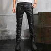 Mens Ripped Moto Pants Ribbed Skinny Black PU Leather Biker Slim Trousers Pencil Size 28-40 France Style274e