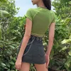 2020 E女子バタフライグラフィックと手紙印刷ステッチ茎緑の作物トップスY2K夏のグランジスタイルのOネック半袖Tシャツ