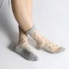 Chaussettes bonneterie 1 paire femmes fleur chaussette été dentelle cristal verre soie court mince Transparent Roses Jacquard élastique ultra-mince