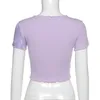 E-Girl Y2K Glitter Tie Dye Patchwork Plaid Crop Tops Sweet O-Neck Ruffles Hem Kortärmad Lila T-shirts Vintage 90s