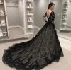 Vintage noir gothique robes de mariée robe 2022 à manches longues col en V dos nu balayage train dentelle illusion corsage jardin pays chapelle robes de mariée