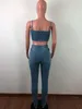 Femmes Sexy Deux Pièces Survêtements Denim Ensemble Assorti Skinny Sling Top Droite Élastique Taille Haute Jeans