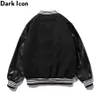 Icona scura PU in pelle patchwork bomber giacca ricamo imbottito spesso inverno giacche da uomo giacca da baseball uomo