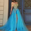 Blauwe Moslim Avondjurken Lace Off The Shoulder High Slit Tule Islamic Dubai Kaftan Saoedi-Arabische Lange Avondjurk Prom
