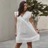 White Dress Women Summer sexy V Neck Sleevless Hollow Out Casual Dress High Waist Loose Ladies Tunic Mini Dresses292U