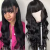 Lange Zwarte Body Wave Pruiken Met Volle Pony Maagdelijke Braziliaanse Geen Kanten Pruik 150% Dichtheid Lijmloos Machinegemaakt Mode Zwarte Vrouwen 22inch