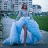 Baby Blue Prom Dresess Sheer Neck Tierres Warstwy Tutu Tulle Cekinowy Top Chic Pełne Rękawy Suknie Wieczorowe Czcionki Part Party Suknie