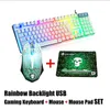 LED Rainbow Backlight USB Ergonomisk kabelansluten spel tangentbord + 2400DPI Mus + Musmatta Set Kit för PC Bärbar dator Gamer Ny