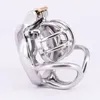 Mini Chastity Cage med Anti-off Ring Short Rostfritt stål Man Cockring Curved Testicle Resticals Enheter