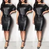 Günlük Elbiseler Siyah Asimetrik Seksi Faux Deri Bodycon Elbise Kadın Yaz Uzun Kollu Diz Boyu Kalem