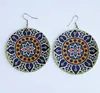 Ethnic print fabric detail handpainted handmade dangle unusual large wood wooden teardrop drop earrings for pierced ears