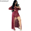 2020 Mulheres V-Pescoço Lace Hollow Out Dress Spring Long Maxi Dress Sexy Manga Completa Bodycon Night Club Club Festa Bandage Vestidos