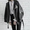Automne femmes Faux cuir veste lâche doux Pu moto noir Punk manteau femme fermeture éclair pardessus avec ceinture 210430