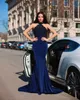 Klassieke Avondjurk 2021 Mermaid Halter Navy Blue Long Prom Gown Kant Applicaties Beaded Elastische Satijnen Sweep Trein Aanpassen