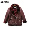 AOEMQ Retro New Lapel and Velvet Padded Fur One Coat Warm Fashion PU Leather Lamb Hair Motorcycle Clothing Bomber Jacket CX200811