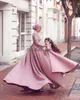 Élégant Blush Rose Robes De Soirée Combinaison Avec Train Détachable À Manches Longues Robe De Soirée Musulmane Abaya Perle Dentelle Robe De Bal robes de soirée