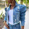 Kvinnor Denim Jackor High Street Vintage Beskuren Kort Jean Coat Casual Puff Sleeve Slim Ripped Jeans Jacket