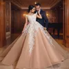 Gorgeous Arabic Champagne And White Lace Wedding Dresses A Line Off Shoulder Ruffle Appliqued Full Length Back Lace-up Corset Bridal Gowns