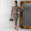 Women's Two Piece Dress Suit Leopard Blouses Hoodies Crop Tops + Skinny Skirt Bodycon Dresses Outfits Fashion Party Bar Clothing Suit LY811