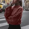 Gratis Ostrich Vintertröja för Kvinnor Beaded Turtleneck Pullover Top Kvinna Fashion Outwear Kläder Lös stickad tröja