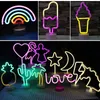 Cable USB Powered LED Luz de neón Flamingo Coco Árbol Cactus Unicornio LED Letrero de neón Lámpara para Dormitorio Hogar Iluminación de Decoración