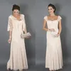 Sierlijke moeder van de bruid jurken met kanten jas pakken dop mouwen chiffon lange bruiloft gast twee stukken bruidegom moeder prom feestjurk plus size