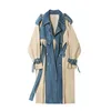 2020 printemps nouvelle mode longue Denim épissure Trench manteau femmes Double boutonnage haute qualité coupe-vent femmes mince vêtements d'extérieur E00071