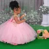 Vestidos baratos de encaje rosa para niña de flores, vestido de baile con cuello transparente, vestidos de novia para niña, vestidos de desfile de comunión baratos, vestidos f362