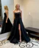 Siyah payetli Tulumlar Gelinlik Modelleri Spaghtti sapanlar Boyun Kılıf Abiye Giyim ile Ayrılabilir Tren Yan Bölünmüş Resmi elbise