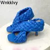 Sandały Krzyż Pasek Pleciony Kobiety Wysokie Obcasy Spaure Toe Hand Woven Gladiator Sandalia Summer Party Dress Sukienka Runway Buty Kobieta