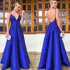 New Royal Blue Evening Dress Sexy Spaghetti Straps V Neck A line Satin Dress Open Back Long Prom Gown Formal Party Dress Puffy Skirt