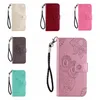 iPhone 15用のインプリントフクロウレザーウォレットケース14 Pro Max X XR XS 8 7 Plus Sumsung S23 FE A25 A15 A05S A05 Flower Lace Cute Slot Flip Cover Night Bird Holder Pouch Strap