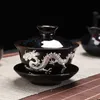 Soupière à thé incrustée d'argent Dragon Gaiwan, bol à thé domestique fait à la main, changement de four avec Dragon doré