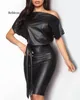 Casual Dresses Black Asymmetrical Sexy Faux Leather Bodycon Dress Women Summer Long Sleeve Kne Length Pencil190Z