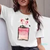 Venda Quente Mulheres Roupas Imprimir Flower Perfume Garrafa Doce Manga Curta Tshirt Impresso Mulheres Camisa T Feminino T-shirt Top Casual Mulher Tee