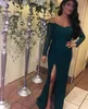 New Customize Long Sleeve Prom Long Elegant Evening Dresses Mermaid Off the Shoulder Split Front Green Lace Prom Dress with Beading