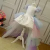 Tęczowe Ciasto Dziewczyny Unicorn Sukienka Długi Train Dress Baby Girl Princess Birthday Party Ball Suknia Kids Horse Clothip Hairband LJ200923