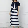 Fanbety women sexy off shoulder Two Piece Sets dress Boat Anchor Print Shirts Striped dress Sets Lady casual Ankle-Length dress