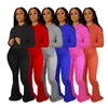 Mulheres Plus Size Winter Winter Roupas Casuais 2 Parte Sets Color Sólido Alta Estiramento Capuz Slim Fit Calças Flared Calças Longo De Manga De Mangas Suit