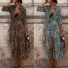 Dames Boho Lange Maxi Jurk Dames Party Leopard Jurken Zomer Strand Sundress Herfst Lange Mouw Diepe V-hals High Split Jurk