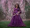 Tulle Maternity Robes Sexy Purple Bridal Sheer Appliques Lace Evening Dressing Gowns for Photo Shoot Plus Size Deep V-neck Gown