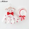Melario Baby Girls Dresses With Hat 2pcs Clothes Sets Kids Clothes Baby Sleeveless Birthday Party Princess Dress Print Floral 210317