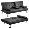 US stock, Black Convertible Sofa Bed with Armrest / 2 Cup Holders/Metal Legs Recliner Couch Home Furniture W36814055