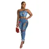 Femmes Sexy Deux Pièces Survêtements Denim Ensemble Assorti Skinny Sling Top Droite Élastique Taille Haute Jeans