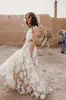 UMK Vintage Champagne Bohemia Wedding Dress 2020 Lace Halter Backless Sexy Open back Boho Bridal Gowns