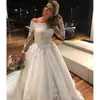 Eine Linie Elfenbein Brautkleider Brautkleider 2021 Herbst Frühling Hübsche Spitzenapplikationen Illusion Lange Ärmel Elegante Robe de Mariage