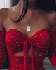 Sexy rouge évider sans bretelles brillant robe de soirée printemps femmes pansement paillettes Mini robe automne à manches longues plissé robe moulante